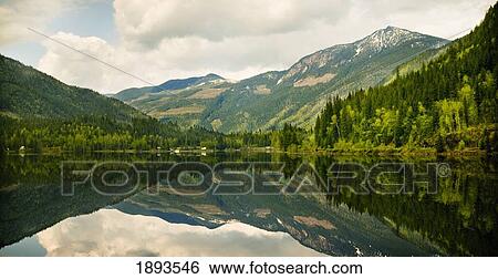Stock Photograph - mountains reflected in a tranquil lake; golden british columbia, canada. Fotosearch
