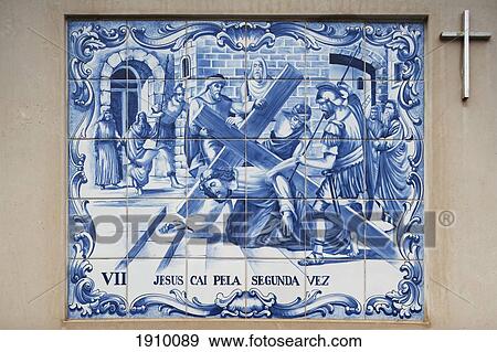 painted ceramic tile depicting the seventh station of the cross as jesus falls for the second time; porto de mos, estremadura and ribatejo, portugal View Large Photo Image Stock Photo - painted ceramic tile depicting the seventh station of the cross as jesus falls for the second time; porto de mos, estremadura and ribatejo, portugal. Fotosearch