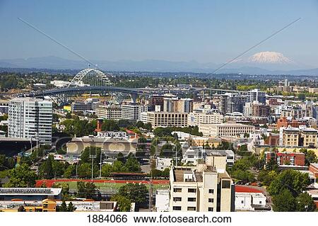 Stock Photograph - view of fremont bridge and mount saint helens; portland, oregon, united states of america. Fotosearch