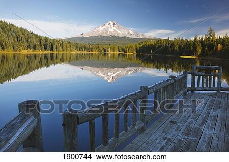 Picture - view of mount hood reflected in trillium lake in autumn from a dock; oregon, united states of america. Fotosearch