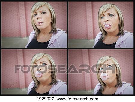 composite of 4 images of a girl chewing gum and blowing a bubble; edmonton, alberta, canada View Large Photo Image Stock Photo - composite of 4 images of a girl chewing gum and blowing a bubble; edmonton, alberta, canada. Fotosearch
