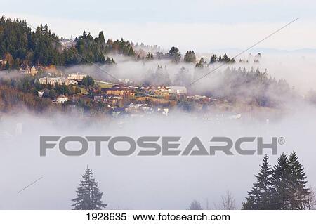 houses on a hill through the morning fog; happy valley, oregon, united states of america View Large Photo Image Stock Photography - houses on a hill through the morning fog; happy valley, oregon, united states of america. Fotosearch
