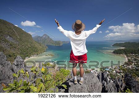 man standing above tropical water; el nido, palawan, philippines View Large Photo Image Stock Photograph - man standing above tropical water; el nido, palawan, philippines. Fotosearch