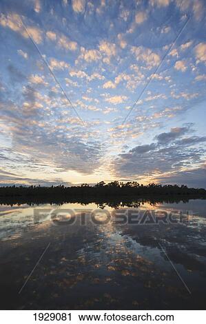 Stock Image - reflecting sunset over wetland; florida, usa. Fotosearch