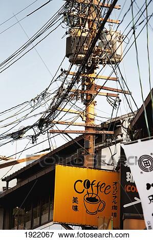 signs for coffee and electrical wires in teapot lane; kyoto, japan View Large Photo Image Stock Photo - signs for coffee and electrical wires in teapot lane; kyoto, japan. Fotosearch