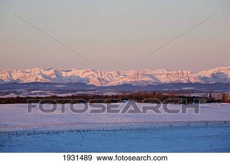 Stock Photo - sunrise over canadian rockies and snowy field; cochrane, alberta, canada. Fotosearch