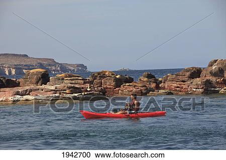 Stock Image - A Father And Son Paddle In A Red Boat At Los Islotes National Marine Park Espiritu Santo Island; La Paz Baja California Mexico. Fotosearch