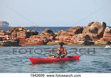Stock Photo - A Father And Son Paddle In A Red Boat At Los Islotes National Marine Park Espiritu Santo Island; La Paz Baja California Mexico. Fotosearch