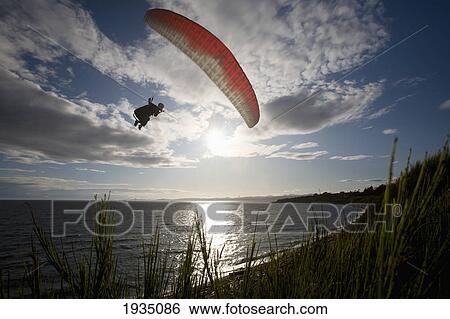 Stock Photograph - A Man Paragliding Along The Cliffs At Dallas Road; Victoria, Vancouver Island, British Columbia, Canada. Fotosearch