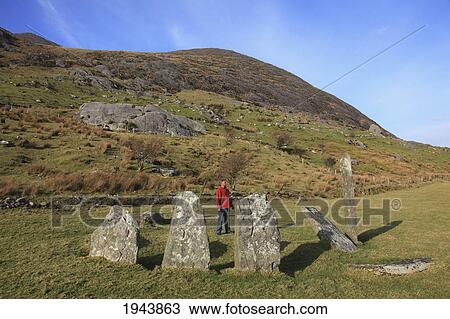 Stock Image - A Man Stands In A Stone Circle; Lauragh County Kerry Ireland. Fotosearch