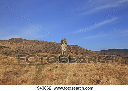 Stock Image - A Man Stands In Uragh Stone Circle; Tuosist County Kerry Ireland. Fotosearch