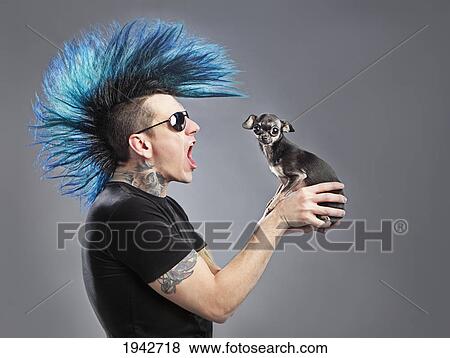 A Man With A Blue Mohawk Yells At His Dog View Large Photo Image Stock Photo - A Man With A Blue Mohawk Yells At His Dog. Fotosearch