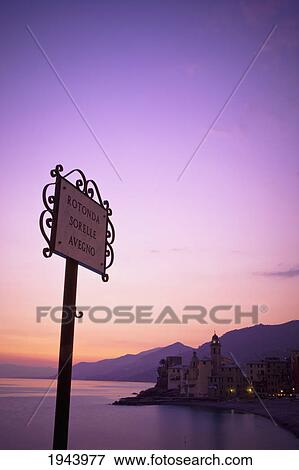 Stock Photo - A Sign For Rotonda Sorelle Avegno; Camogli Liguria Italy. Fotosearch