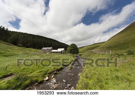Stock Image - a stream flowing by a house; cheviot hills northumberland england. Fotosearch