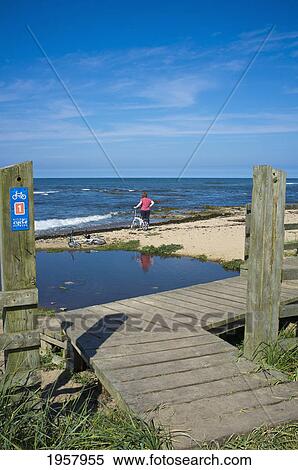 Stock Photography - a woman stands at the water's edge looking out over the water; northumberland england. Fotosearch