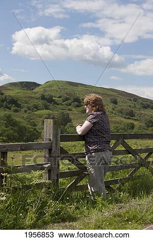 a woman stands leaning against a wooden fence and looking at the landscape; northumberland england View Large Photo Image Stock Image - a woman stands leaning against a wooden fence and looking at the landscape; northumberland england. Fotosearch