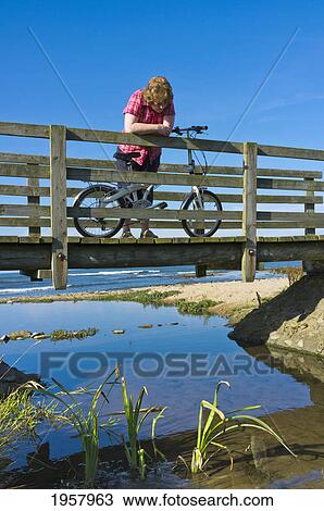 a woman stands with her bicycle on a wooden bridge looking down into the water; northumberland england View Large Photo Image Stock Image - a woman stands with her bicycle on a wooden bridge looking down into the water; northumberland england. Fotosearch