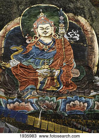 Stock Image - Artwork Depicting Buddhist Patron Saint Guru Rinpoche; Bhutan Thimphu District. Fotosearch