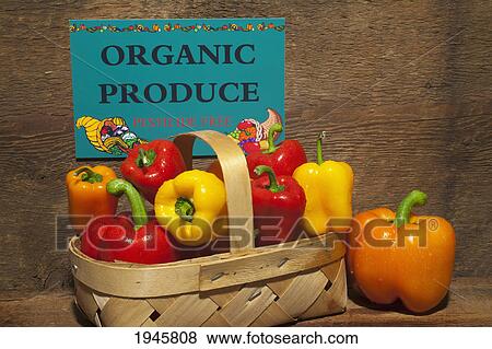 bell peppers with a sign labeled organic produce; waterloo quebec canada View Large Photo Image Stock Photo - bell peppers with a sign labeled organic produce; waterloo quebec canada. Fotosearch