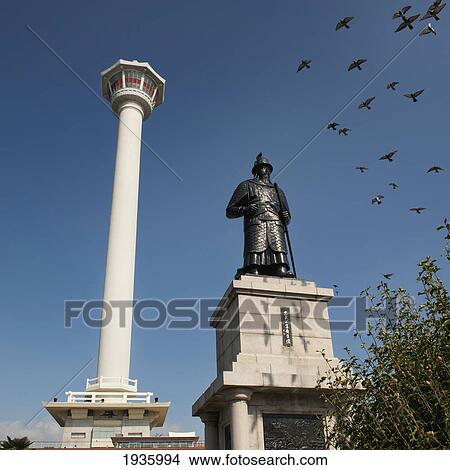 Busan Tower And Statue Of Admiral Yi Sun-Sin In Yongdusan Park; Busan Korea View Large Photo Image Picture - Busan Tower And Statue Of Admiral Yi Sun-Sin In Yongdusan Park; Busan Korea. Fotosearch