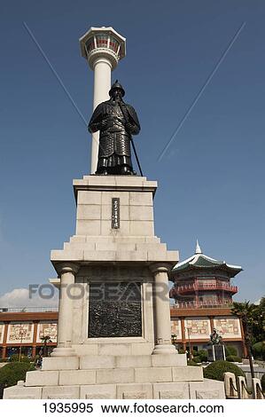 Stock Photography - Busan Tower And Statue Of Admiral Yi Sun-Sin In Yongdusan Park; Busan Korea. Fotosearch