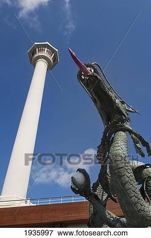 Stock Photo - Busan Tower And Statue Of Dragon In Yongdusan Park; Busan Korea. Fotosearch