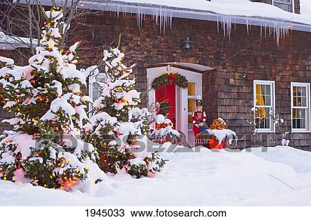 Stock Image - christmas decoration at the front of a house; knowlton quebec canada. Fotosearch