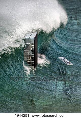 Stock Image - composite of a tidal wave sweeping over skyscrapers. Fotosearch