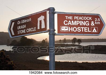 Picture - Direction Signs At The Cloonee Lakes At Sunset; Tuosist County Kerry Ireland. Fotosearch