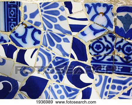 Stock Photo - Gaudi Blue And White Tiles In Parc Guell; Barcelona Catalonia Spain. Fotosearch