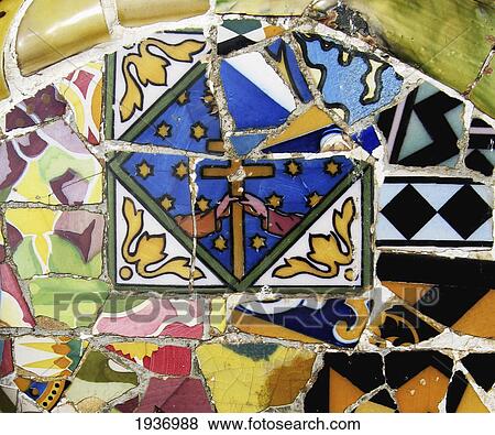 Stock Photo - Gaudi Tiles In Parc Guell; Barcelona Catalonia Spain. Fotosearch