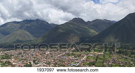 High Angle View Of Town In Sacred Valley; Urubamba Peru View Large Photo Image Stock Photo - High Angle View Of Town In Sacred Valley; Urubamba Peru. Fotosearch