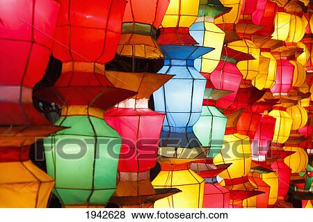 Stock Photo - Illuminated Brightly Colored Chinese Lanterns; Chiang Mai Thailand. Fotosearch