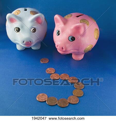 Stock Photo - Male And Female Piggy Banks With Question Mark Made Of Pennies. Fotosearch