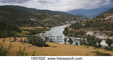 Stock Image - Puntshang Chhu River; Punakha District Bhutan. Fotosearch