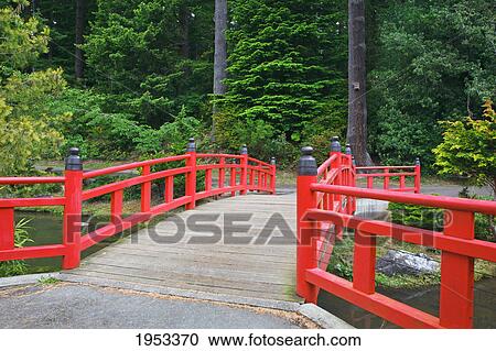 Stock Image - red railings on a boardwalk over the pond in mingus park; coos bay oregon united states of america. Fotosearch