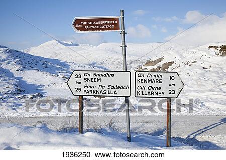 Stock Image - Road Sign Directions To Various Locations In Killarney National Park; Killarney County Kerry Ireland. Fotosearch