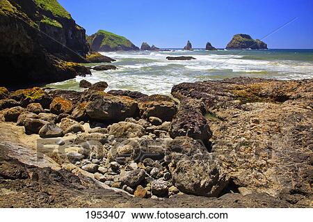 Stock Photo - rock formations on short beach at oregon islands national wildlife refuge; oregon united states of america. Fotosearch