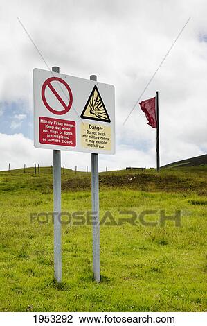 Stock Image - sign at a military firing range; cheviot hills northumberland england. Fotosearch