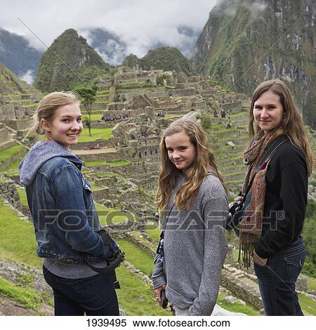 Three Girls Touring Machu Picchu; Peru View Large Photo Image Stock Photography - Three Girls Touring Machu Picchu; Peru. Fotosearch