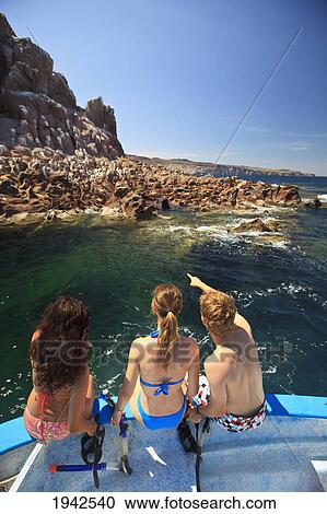 Stock Image - Three Tourists Sitting On The Edge Of A Boat With Snorkeling Gear At Los Islotes National Marine Park Espiritu Santo Island; La Paz Baja California Mexico. Fotosearch