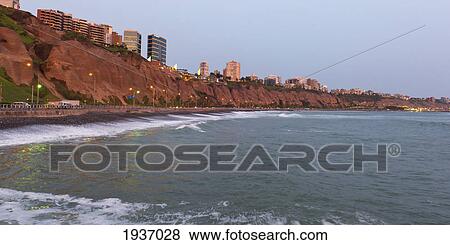 View Of Buildings Along The Water; Miraflores District Peru View Large Photo Image Stock Photo - View Of Buildings Along The Water; Miraflores District Peru. Fotosearch