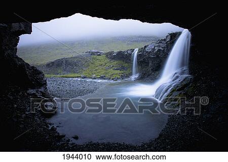 Waterfalls Over A Rock Ledge As Viewed From Inside A Cave; Iceland View Large Photo Image Stock Image - Waterfalls Over A Rock Ledge As Viewed From Inside A Cave; Iceland. Fotosearch