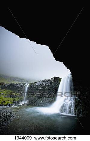Stock Photo - Waterfalls Over A Rock Ledge As Viewed From Inside A Cave; Iceland. Fotosearch
