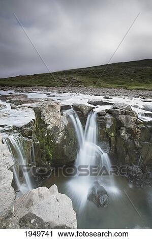 Stock Image - waterfalls over a rock ledge; iceland. Fotosearch