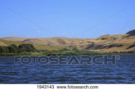 Stock Image - Wind Turbines On A Hill Along The Water; Dalles Oregon United States Of America. Fotosearch