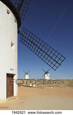 Stock Image - Windmills Of La Mancha; Mota Del Cuervo Cuenca Province Castile-La Mancha Spain. Fotosearch
