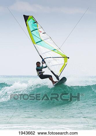 Stock Image - Windsurfing Off Punta Paloma; Tarifa Cadiz Andalusia Spain. Fotosearch