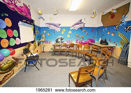 Stock Image - a classroom with a marine life theme and chairs set up in a semi-circle; portland oregon united states of america. Fotosearch