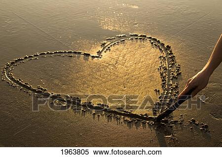 a heart shape etched into the sand on a beach at sunset with a female hand holding a stick; newport, oregon, united states of america View Large Photo Image Stock Photography - a heart shape etched into the sand on a beach at sunset with a female hand holding a stick; newport, oregon, united states of america. Fotosearch